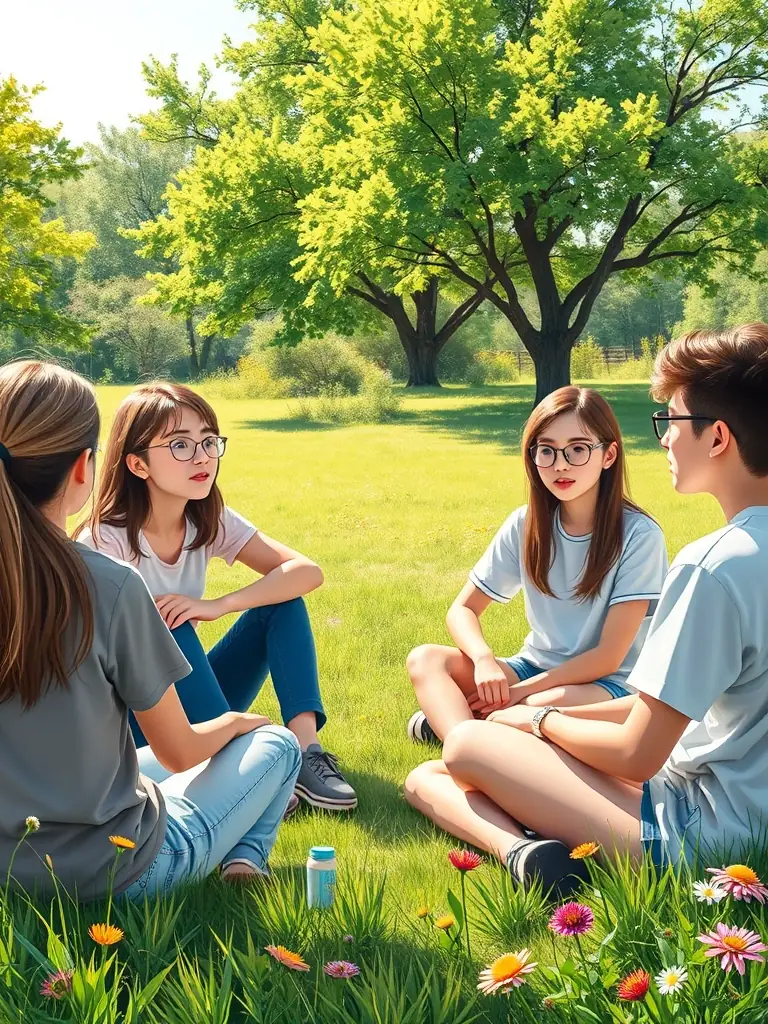A group of teenagers participating in a communication skills workshop at Madrona Recovery, actively listening and engaging in a role-playing exercise, demonstrating effective communication techniques.