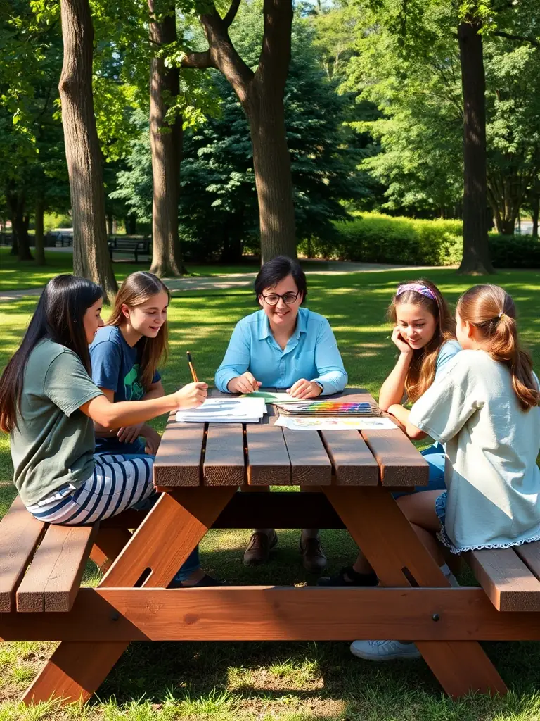 A therapist at Madrona Recovery facilitating a group therapy session focused on relationship building, with teenagers working together on a collaborative project, showcasing teamwork and mutual support.