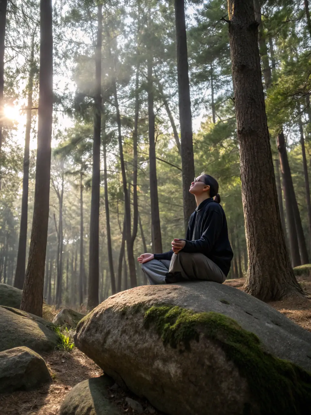 A young person at Madrona Recovery practicing mindfulness techniques in a serene outdoor setting, demonstrating emotional regulation and self-awareness.
