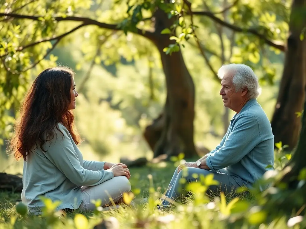 A serene image depicting a therapist engaging with a young person in a calming, natural setting, symbolizing trauma-informed care at Madrona Recovery.